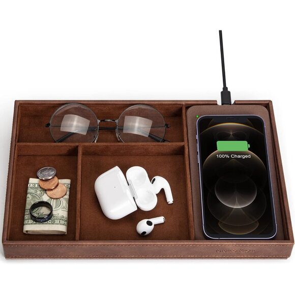 Valet Tray Built in Wireless Charging Pad Nightstand Organizer Dresser Organi